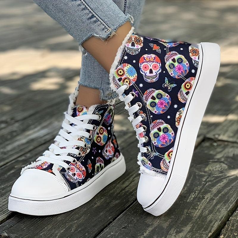 Women's Skull Graphic High Top Canvas Sneakers Lace Up Trainers