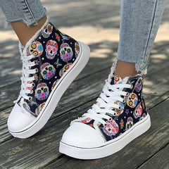 Women's Skull Graphic High Top Canvas Sneakers Lace Up Trainers