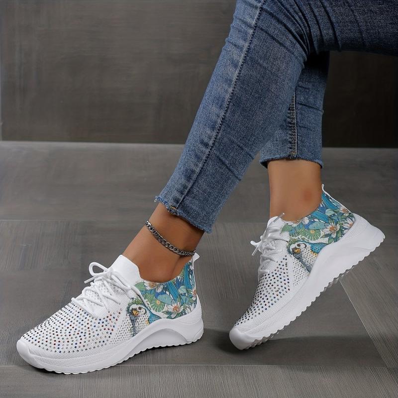 Women's Rhinestone Decor Knit Sports Shoes Lace Up Sneakers