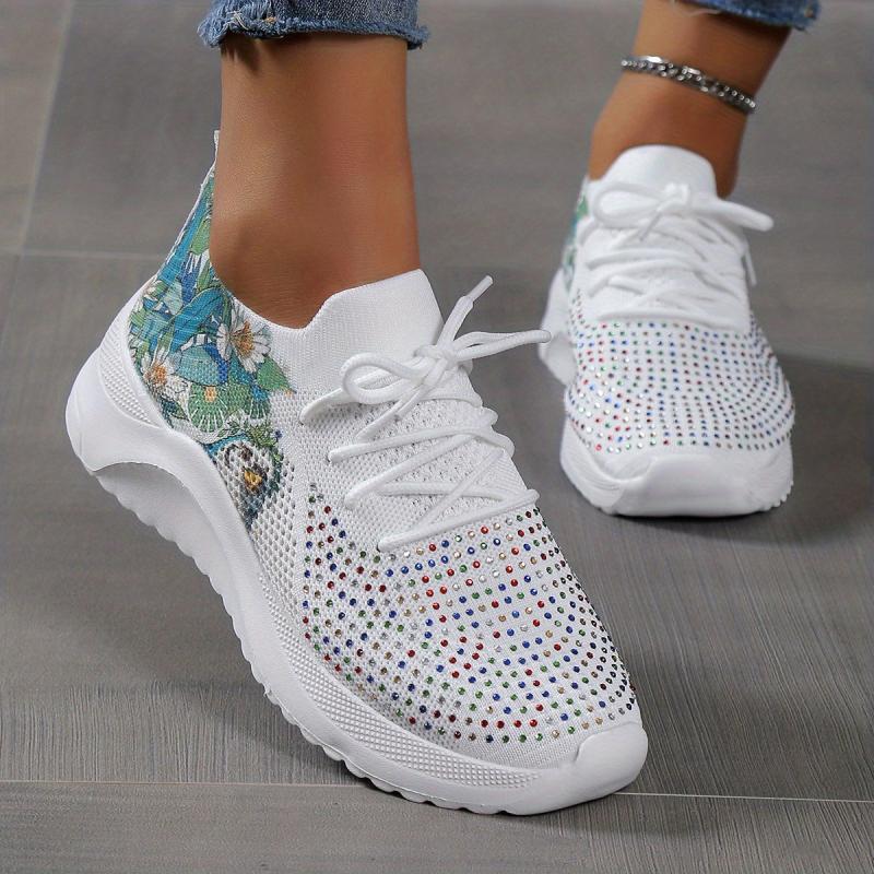 Women's Rhinestone Decor Knit Sports Shoes Lace Up Sneakers