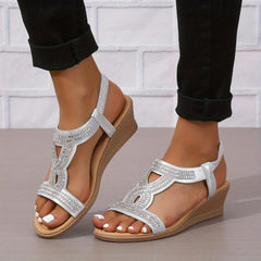 Boho Style Rhinestone Wedge Sandals - Slip On Beach Sandals
