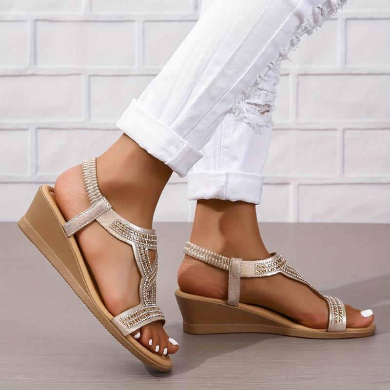 Boho Style Rhinestone Wedge Sandals - Slip On Beach Sandals