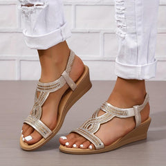 Boho Style Rhinestone Wedge Sandals - Slip On Beach Sandals