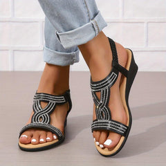 Boho Style Rhinestone Wedge Sandals - Slip On Beach Sandals
