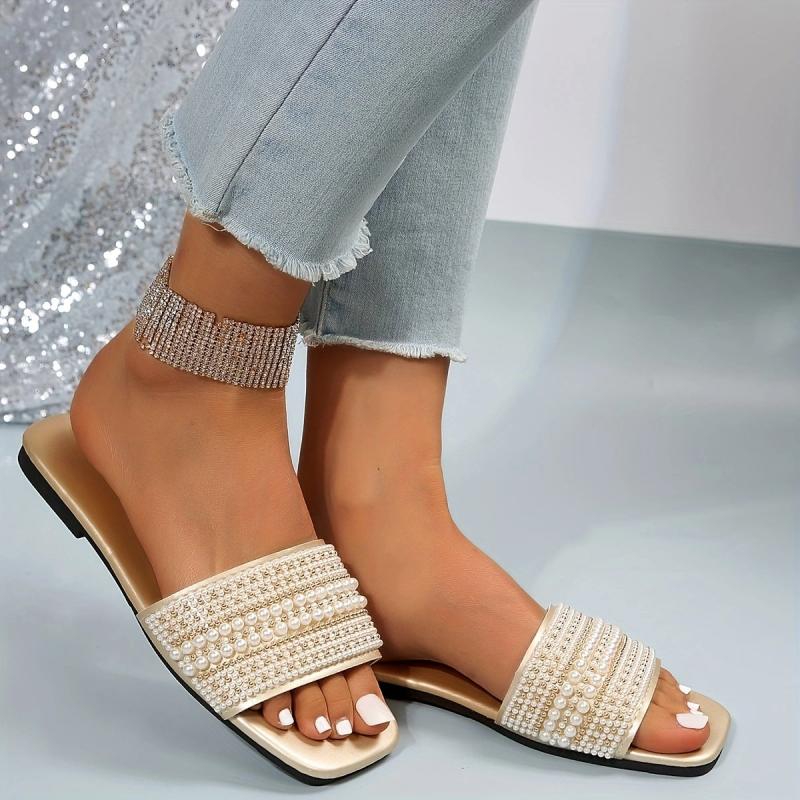 Pearl Decor Slide Sandals Square Toe Slip On Shoes