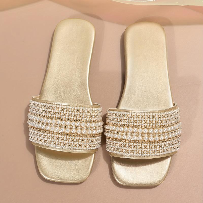 Pearl Decor Slide Sandals Square Toe Slip On Shoes