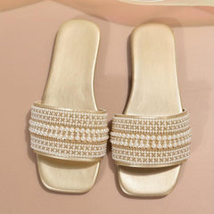 Pearl Decor Slide Sandals Square Toe Slip On Shoes