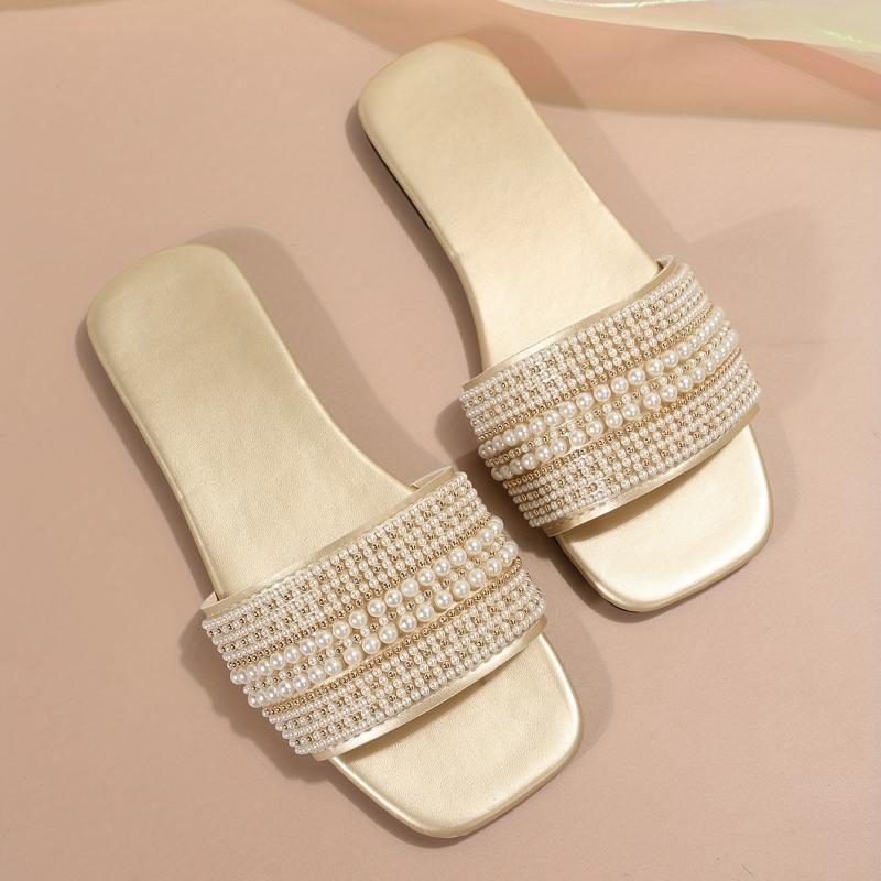 Pearl Decor Slide Sandals Square Toe Slip On Shoes