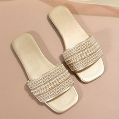Pearl Decor Slide Sandals Square Toe Slip On Shoes