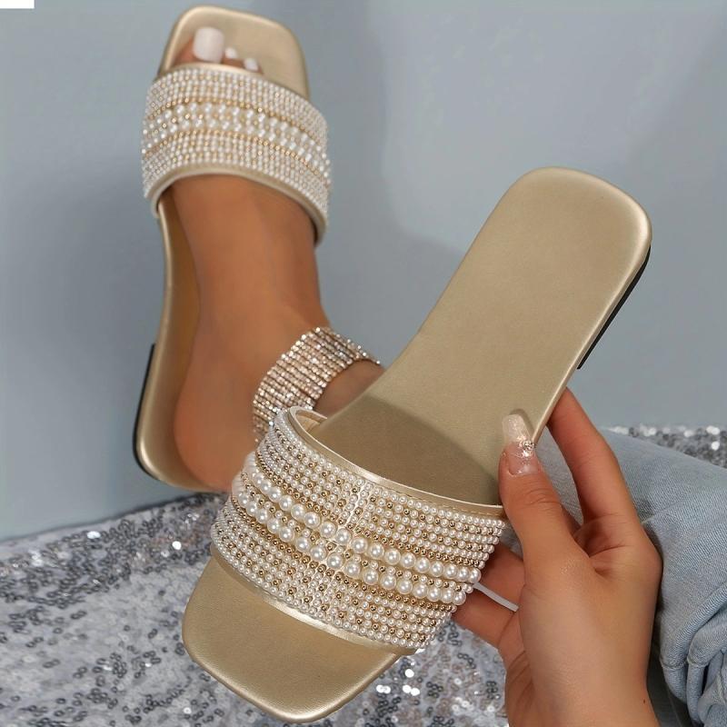 Pearl Decor Slide Sandals Square Toe Slip On Shoes