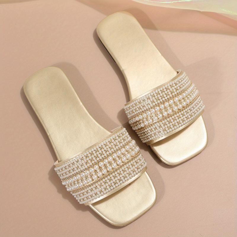 Pearl Decor Slide Sandals Square Toe Slip On Shoes