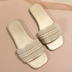 Pearl Decor Slide Sandals Square Toe Slip On Shoes
