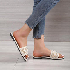 Women's Pearl & Beads Flat Slippers Square Open Toe Slides