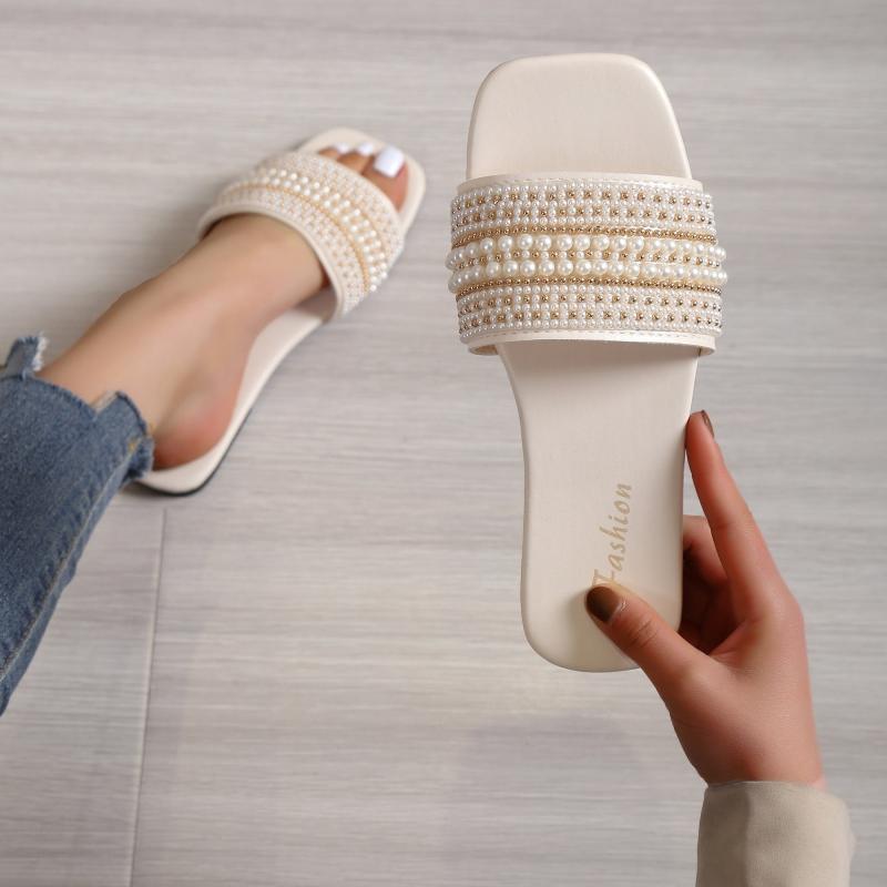 Women's Pearl & Beads Flat Slippers Square Open Toe Slides