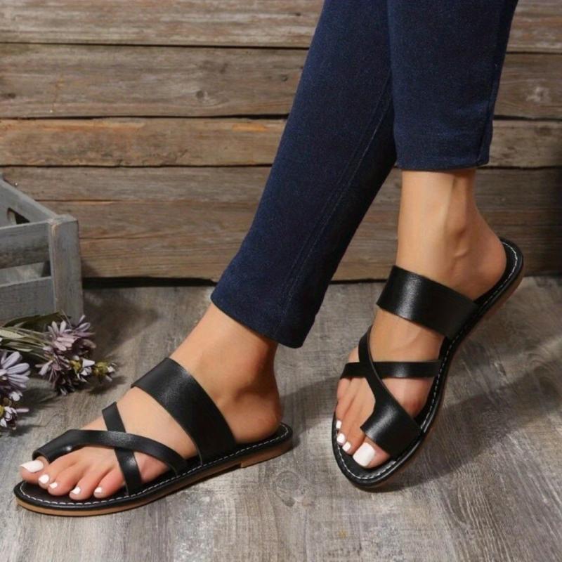 Women's Cross Strap Flat Slippers Open Toe Non Slip Solid Slides Shoes