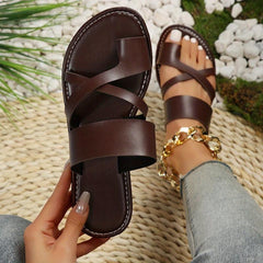 Women's Cross Strap Flat Slippers Open Toe Non Slip Solid Slides Shoes