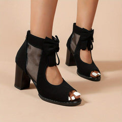 Women's Peep Toe High Heels Bow Mesh Cut Out Back Zipper Block Heels Sandals