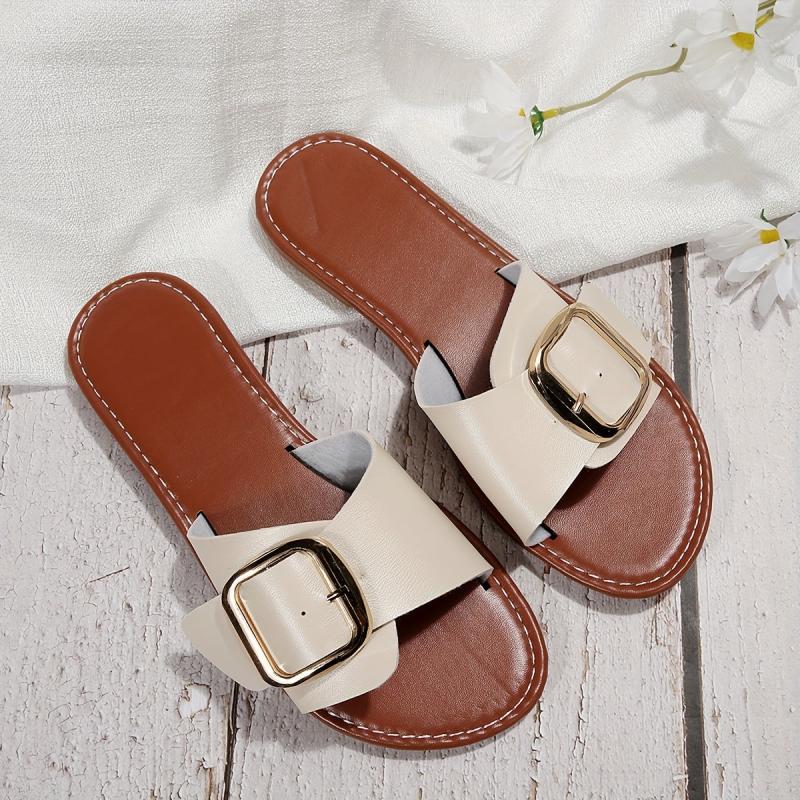 Women's Flat Sandals with Buckle Slides for Casual & Summer