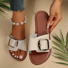 Women's Flat Sandals with Buckle Slides for Casual & Summer