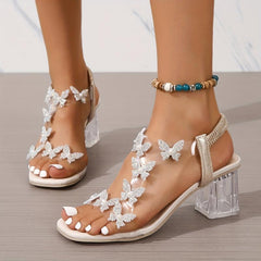 Women's Butterfly Clear Chunky Heels Slingback Sandals