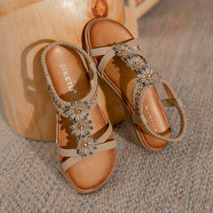 Boho Braided Beads Flat Sandals T-strap Slip-On Beach Travel Sandals