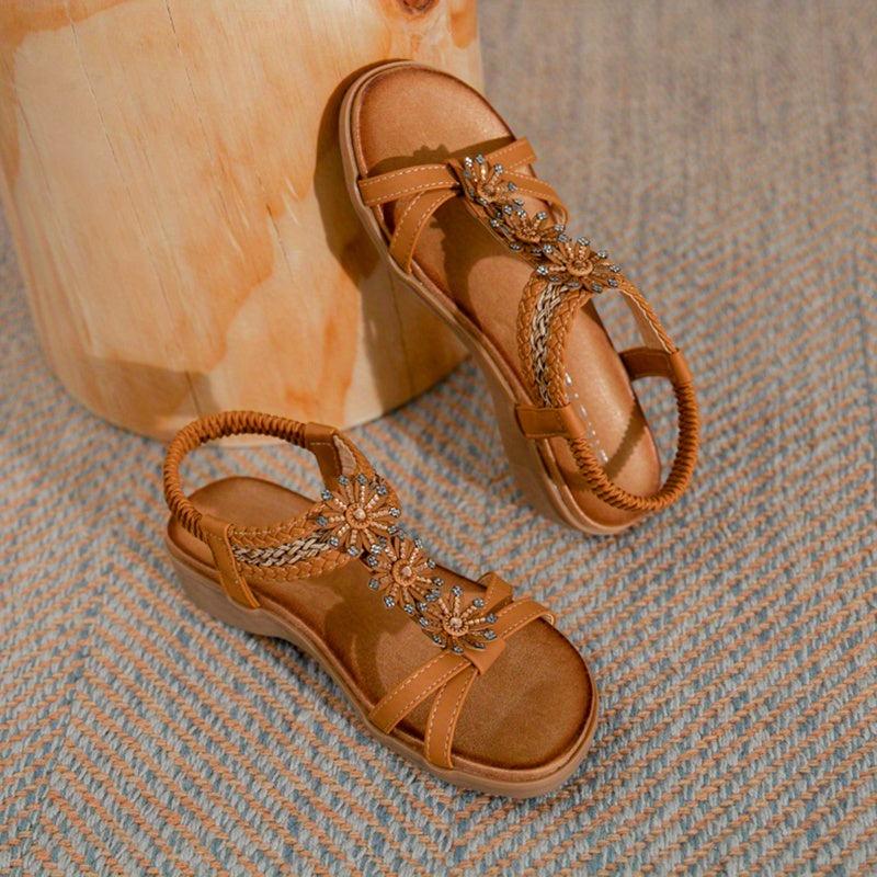 Boho Braided Beads Flat Sandals T-strap Slip-On Beach Travel Sandals