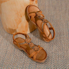 Boho Braided Beads Flat Sandals T-strap Slip-On Beach Travel Sandals