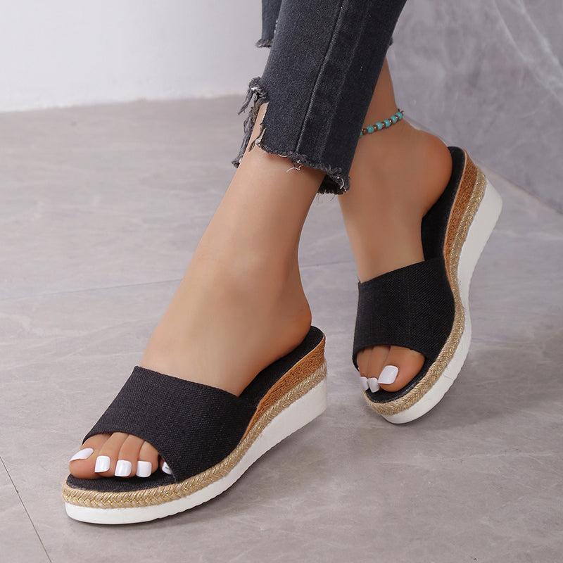 Platform Wedge Heel Slippers Open Toe Round Toe