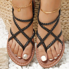 Women's Braided Flat Sandals Elastic Band Thong Lightweight Cross Strap Shoes