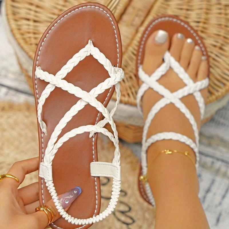 Women's Braided Flat Sandals Elastic Band Thong Lightweight Cross Strap Shoes