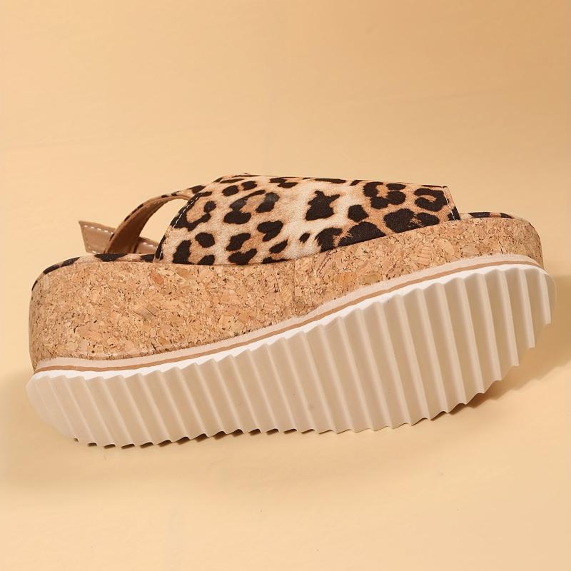 Leopard Print Wedge Sandals Peep Toe Slingback Shoes
