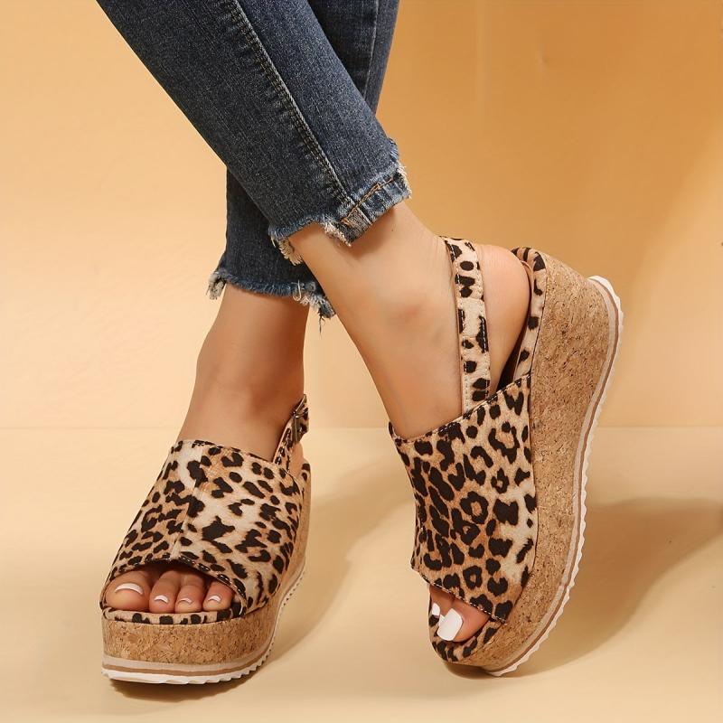 Leopard Print Wedge Sandals Peep Toe Slingback Shoes