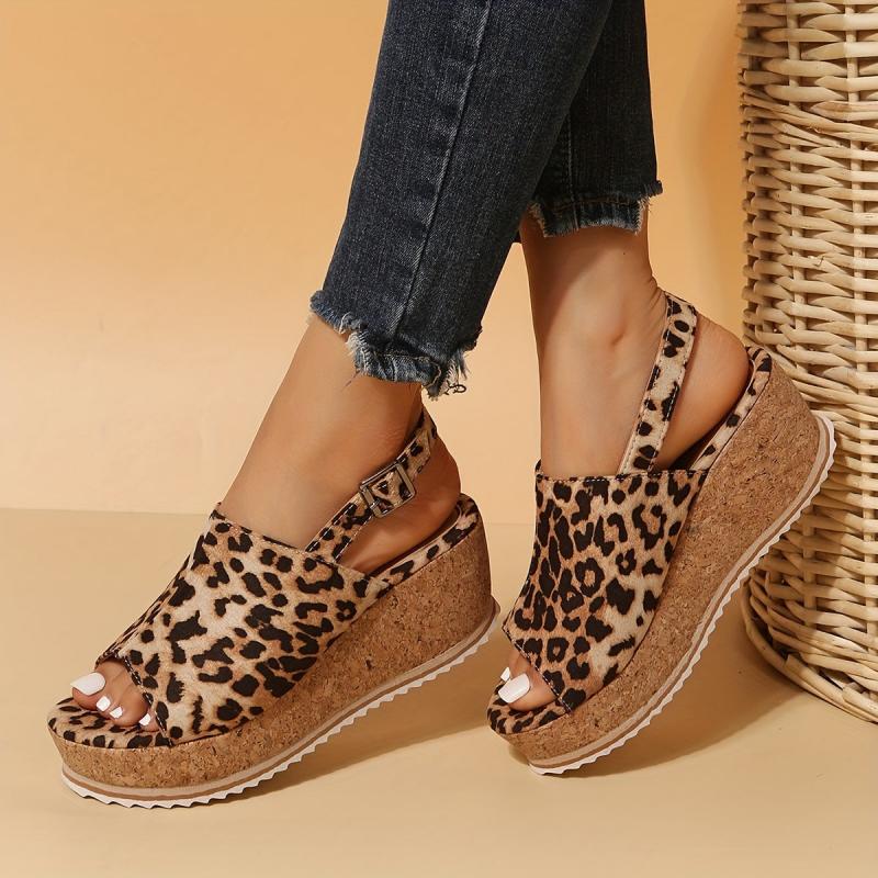 Leopard Print Wedge Sandals Peep Toe Slingback Shoes