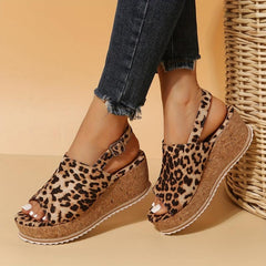 Leopard Print Wedge Sandals Peep Toe Slingback Shoes
