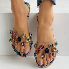 Rhinestone Decor Slides - Open Toe Lightweight Flat Shoes