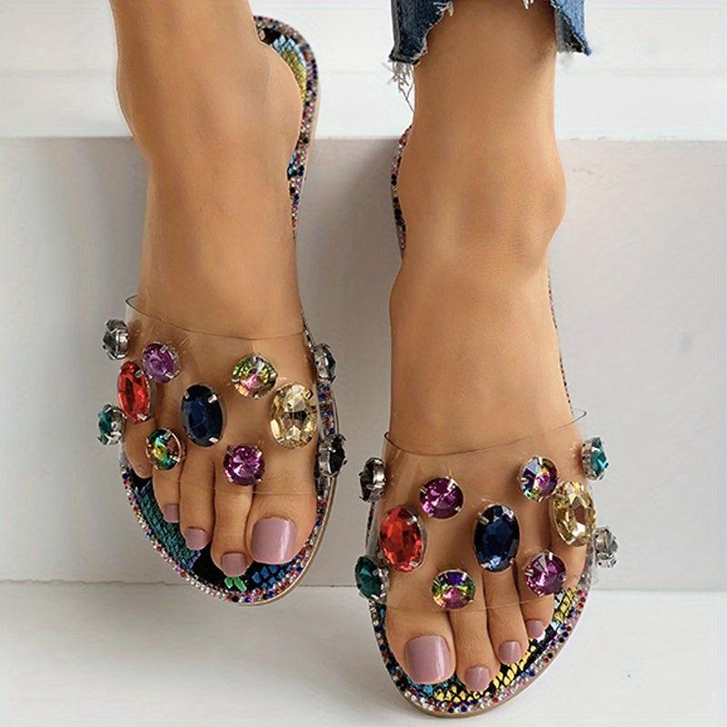 Rhinestone Decor Slides - Open Toe Lightweight Flat Shoes