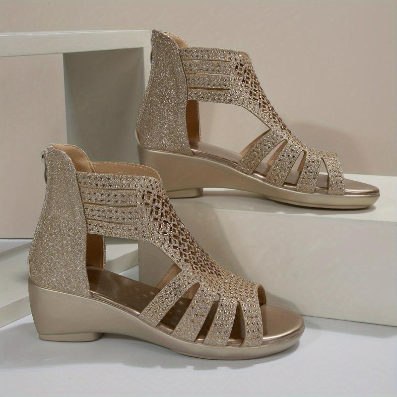Women's Glitter Wedge Sandals Peep Toe Cut out Back Zipper Shoes