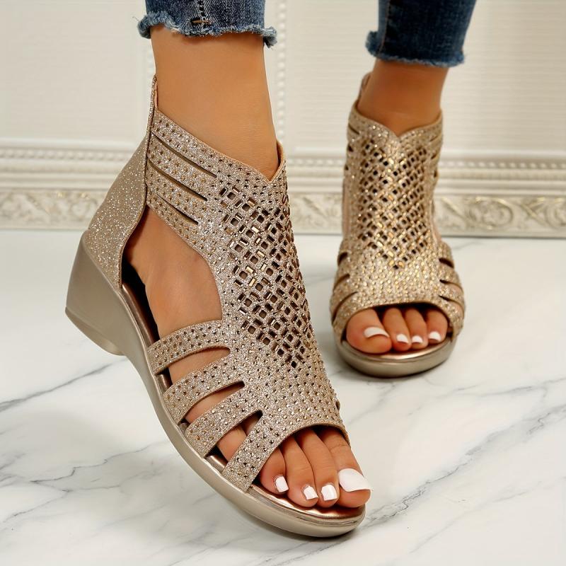 Women's Glitter Wedge Sandals Peep Toe Cut out Back Zipper Shoes