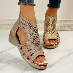 Women's Glitter Wedge Sandals Peep Toe Cut out Back Zipper Shoes