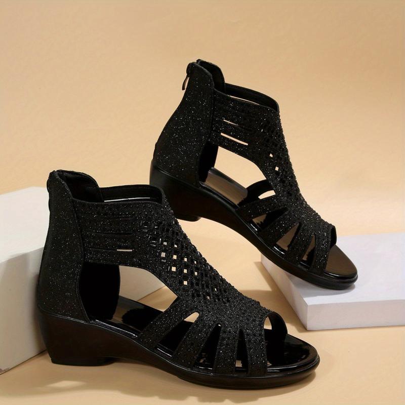 Women's Glitter Wedge Sandals Peep Toe Cut out Back Zipper Shoes