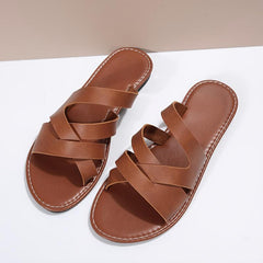 Women's Cross Band Slide Shoes Open Round Toe Faux Leather Summer Beach Slides