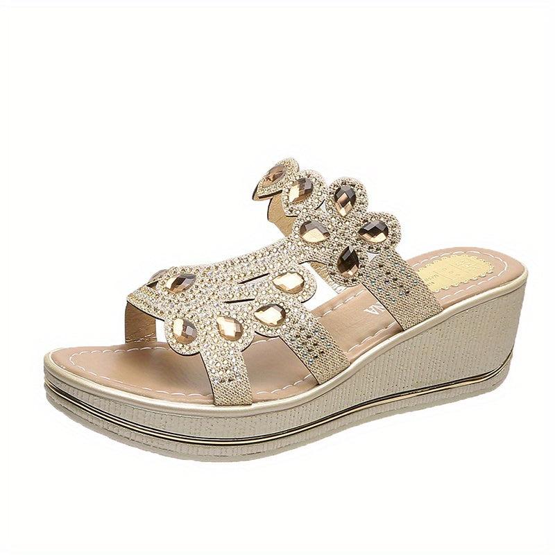 Rhinestone Wedge Slide Sandals Elegant Slip On Platform Cutout Shoes
