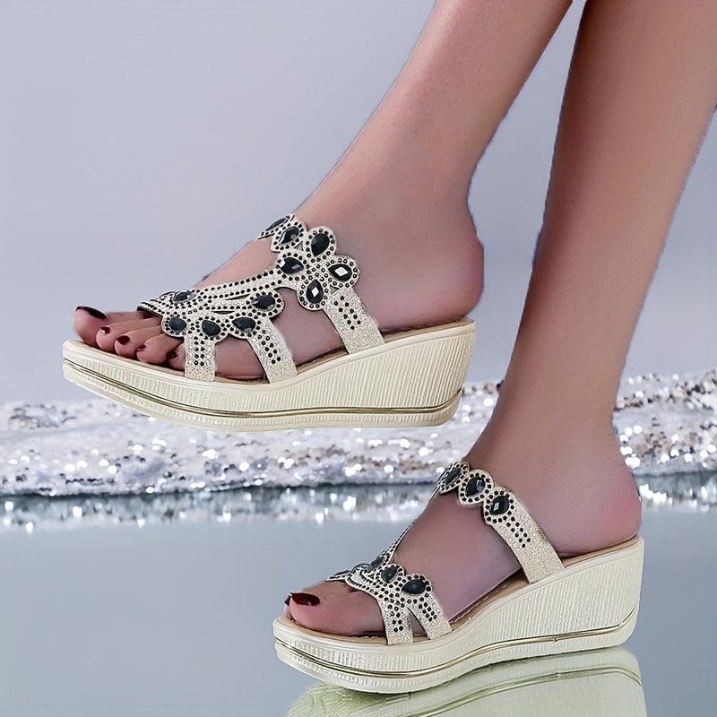 Rhinestone Wedge Slide Sandals Elegant Slip On Platform Cutout Shoes