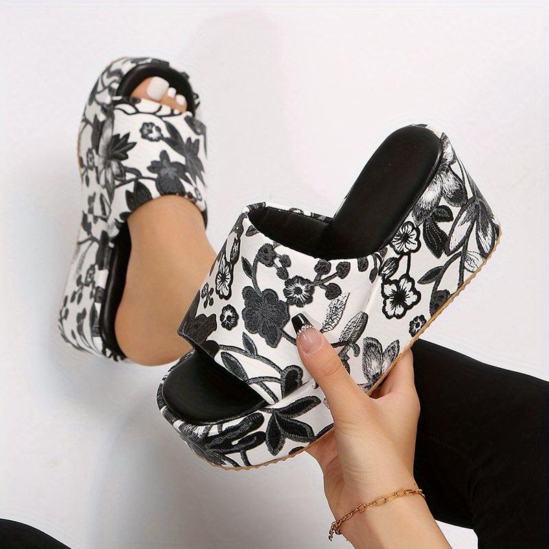 Floral Print Wedge Sandals Open Toe Slide Sandals