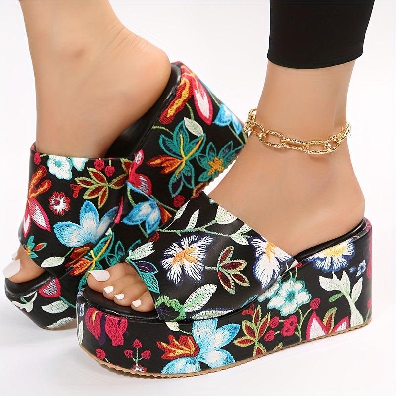 Floral Print Wedge Sandals Open Toe Slide Sandals
