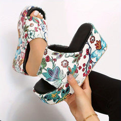 Floral Print Wedge Sandals Open Toe Slide Sandals