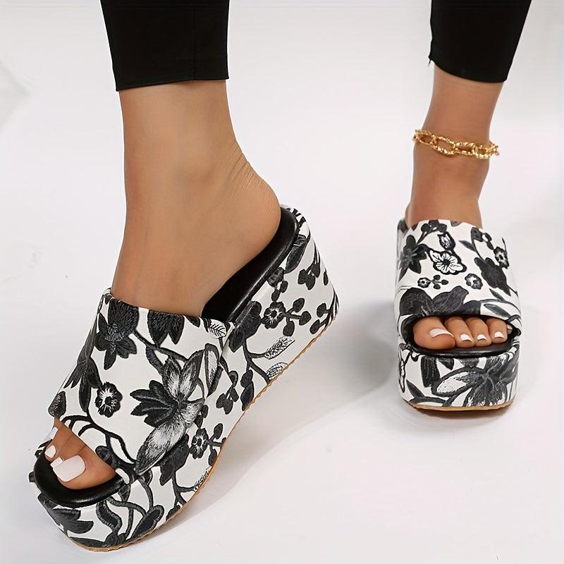 Floral Print Wedge Sandals Open Toe Slide Sandals