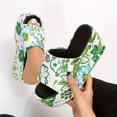 Floral Print Wedge Sandals Open Toe Slide Sandals