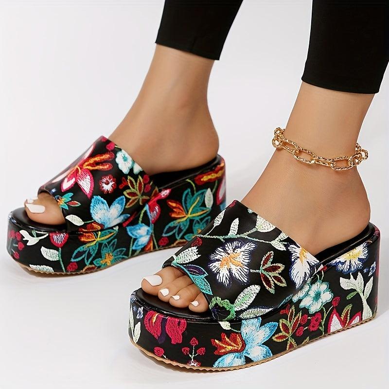 Floral Print Wedge Sandals Open Toe Slide Sandals