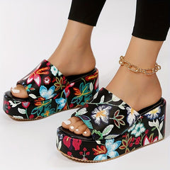 Floral Print Wedge Sandals Open Toe Slide Sandals